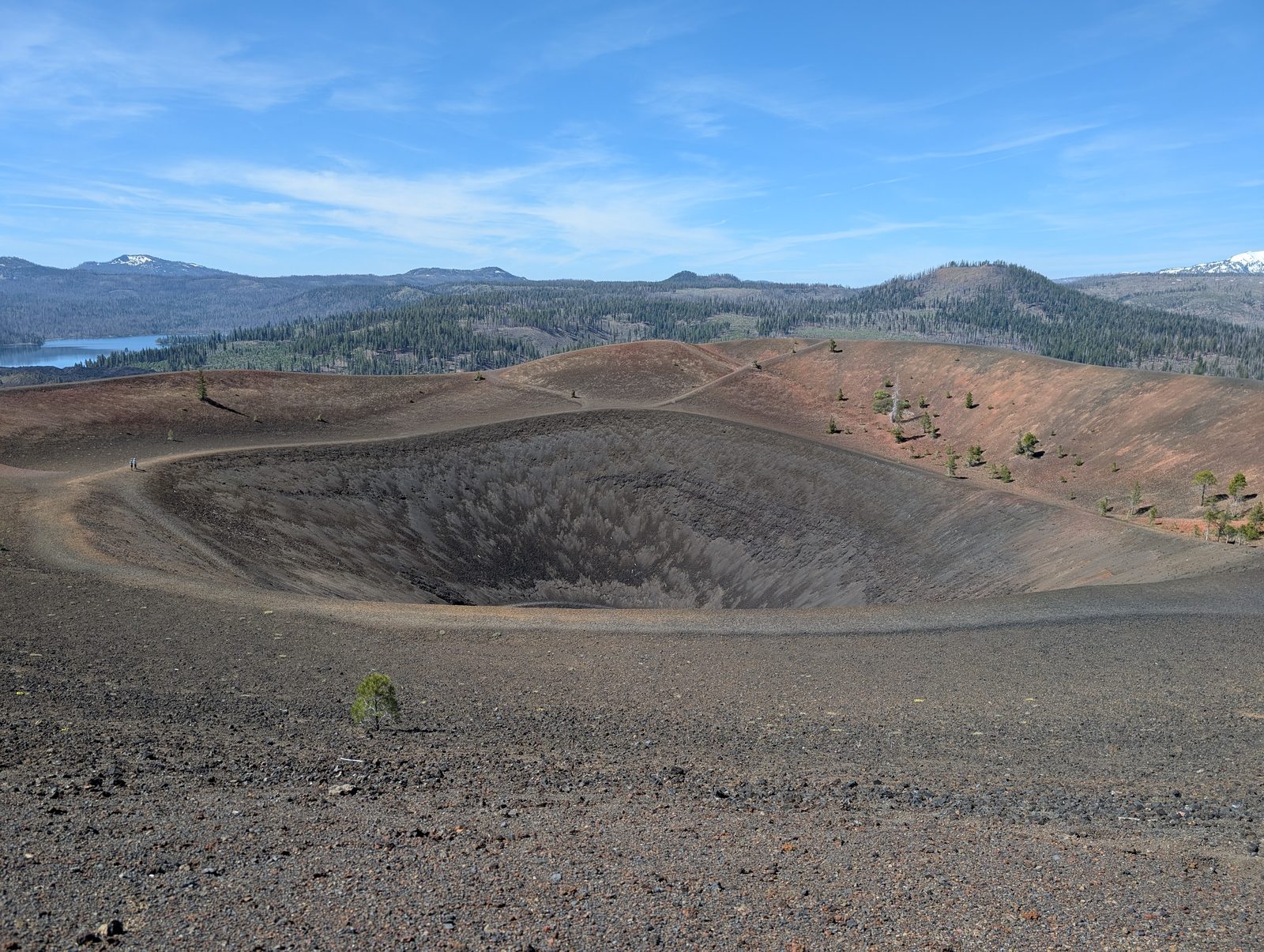 Looking down into Cinder Cone's crater with Butte Lake visible in the distance