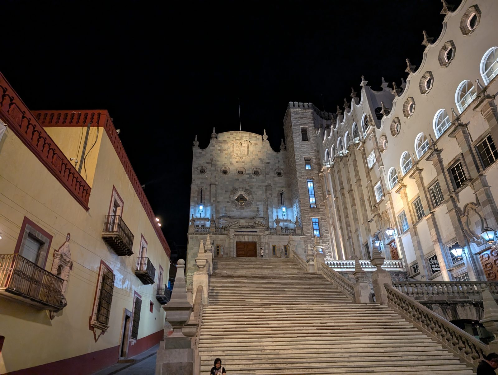 The monumental staircase leading up to the University of Guanajuato at night